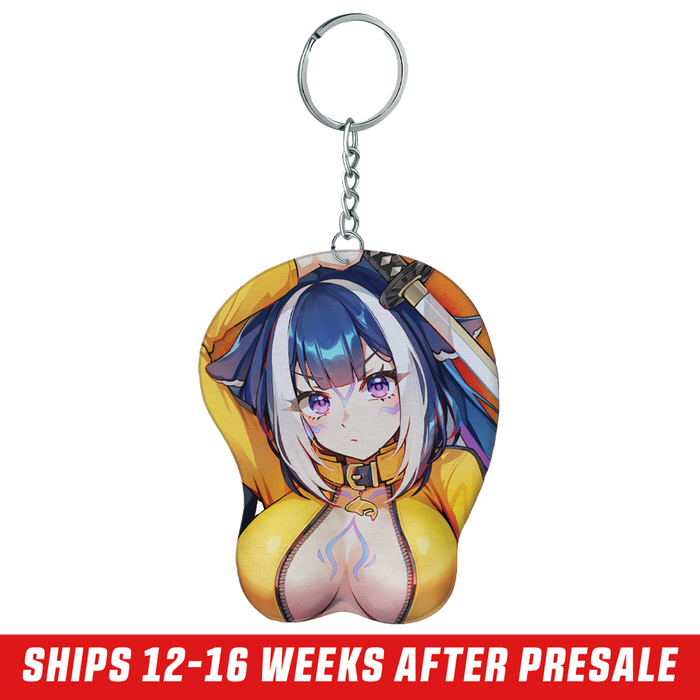 Keychain featuring an anime girl with blue and white hair, purple eyes, yellow outfit, and a sword behind her head.