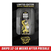 Fingerboard deck featuring an anime girl with blue and white hair, purple eyes, and a yellow jacket with a zipper.