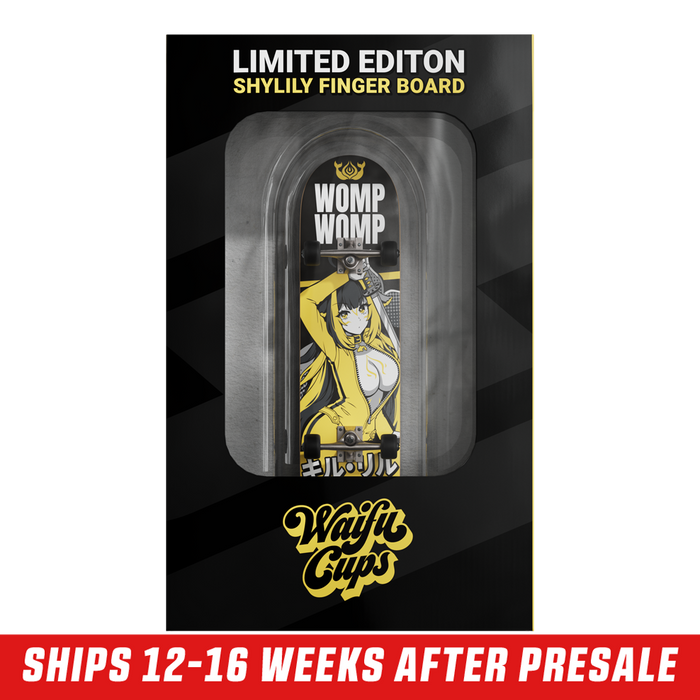 Fingerboard deck featuring an anime girl with blue and white hair, purple eyes, and a yellow jacket with a zipper.