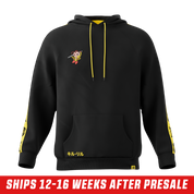 Black hoodie with yellow stripe featuring black abstract symbols running down the sleeve and a yellow drawstring.