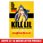 Framed yellow poster with anime woman in yellow suit holding a sword and bold black and red text.