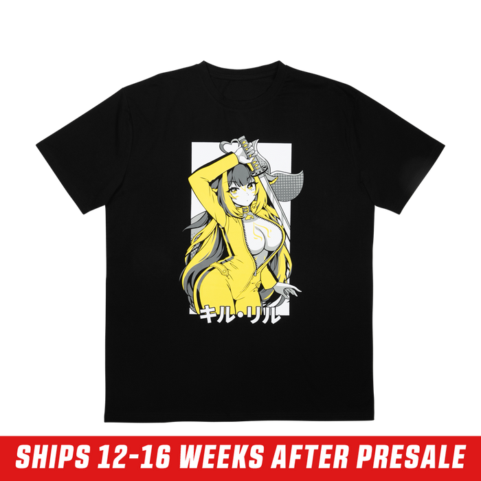 Black shirt with a yellow and gray anime-style female character holding a sword and Japanese text at the bottom.