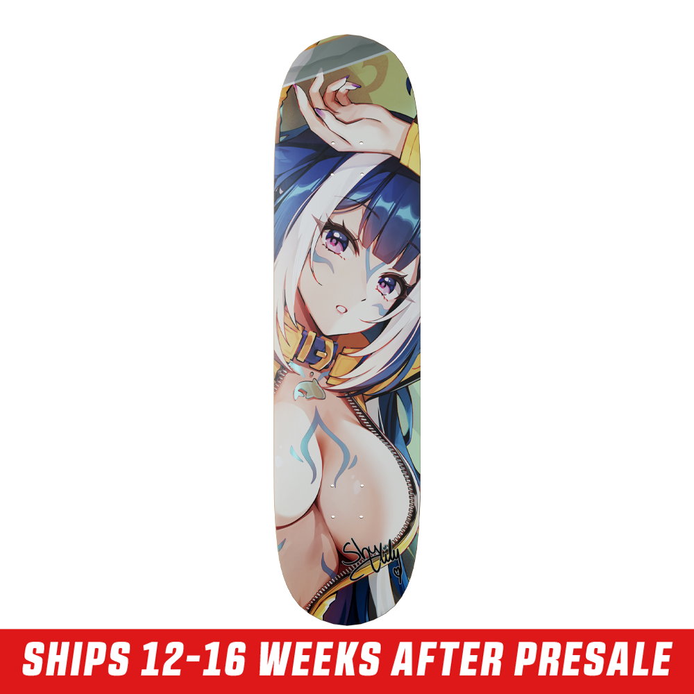 Natural wood grain skateboard deck with a classic shape and pre-drilled holes for trucks.