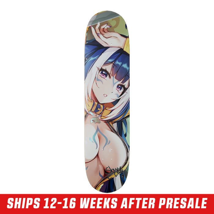 Natural wood grain skateboard deck with a classic shape and pre-drilled holes for trucks.