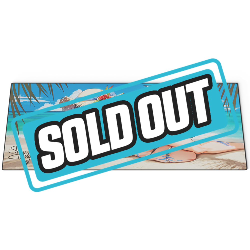 Mouse pad with anime girl in white bikini and sunhat on a beach background with blue sky and ocean.