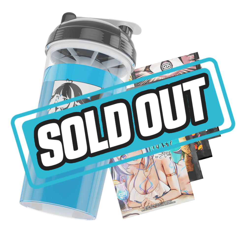 Blue shaker cup with black lid featuring anime girl illustration and four colorful energy drink mix packets with anime art