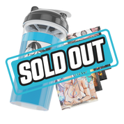 Blue shaker cup with black lid featuring anime girl illustration and four colorful energy drink mix packets with anime art
