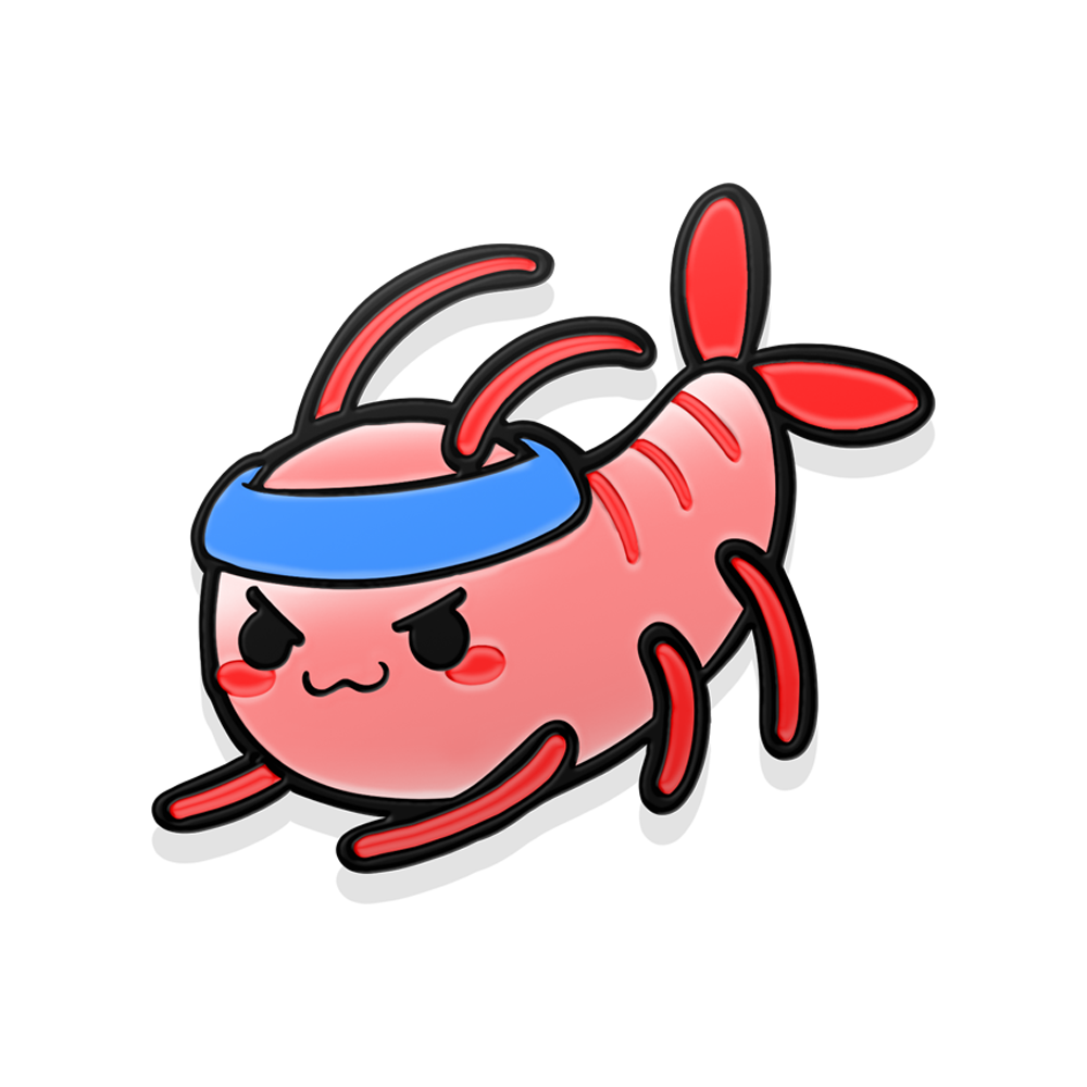 Pink shrimp character badge with red legs, a blue headband, and a determined facial expression