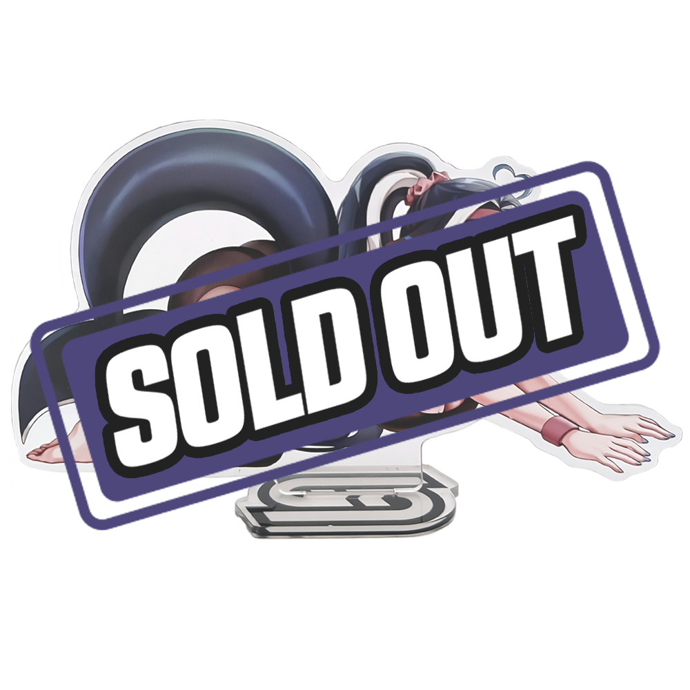 Anime acrylic standee of a dark-haired girl with a large whale tail in a stretching pose.