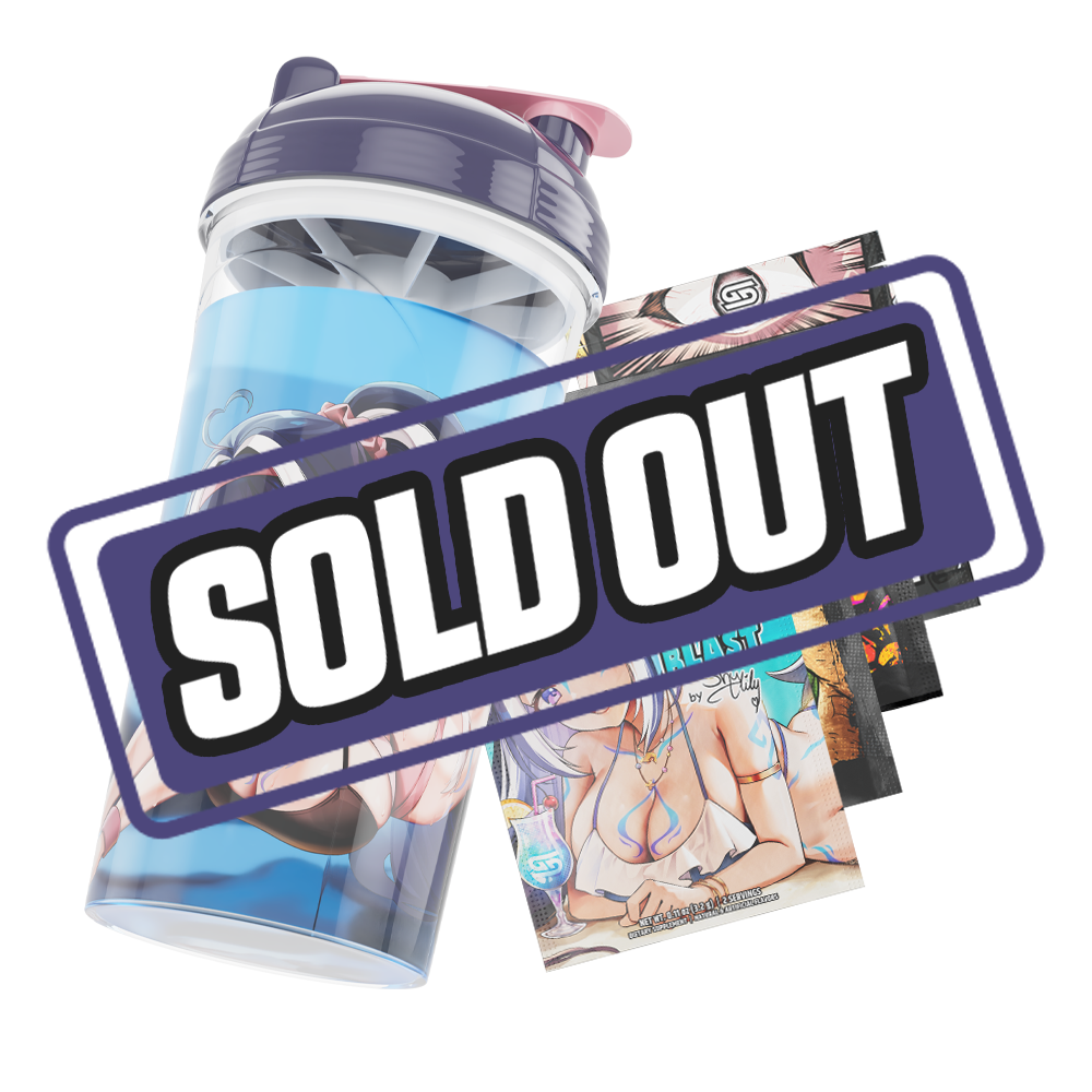 Clear shaker bottle with a purple lid and pink flip cap featuring an anime woman in black leggings in a yoga pose.