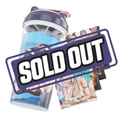 Clear shaker bottle with a purple lid and pink flip cap featuring an anime woman in black leggings in a yoga pose.