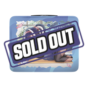 Navy blue lunch box with large light blue flower and "WOMP WOMP" text surrounded by bubbles and a small pink shrimp.