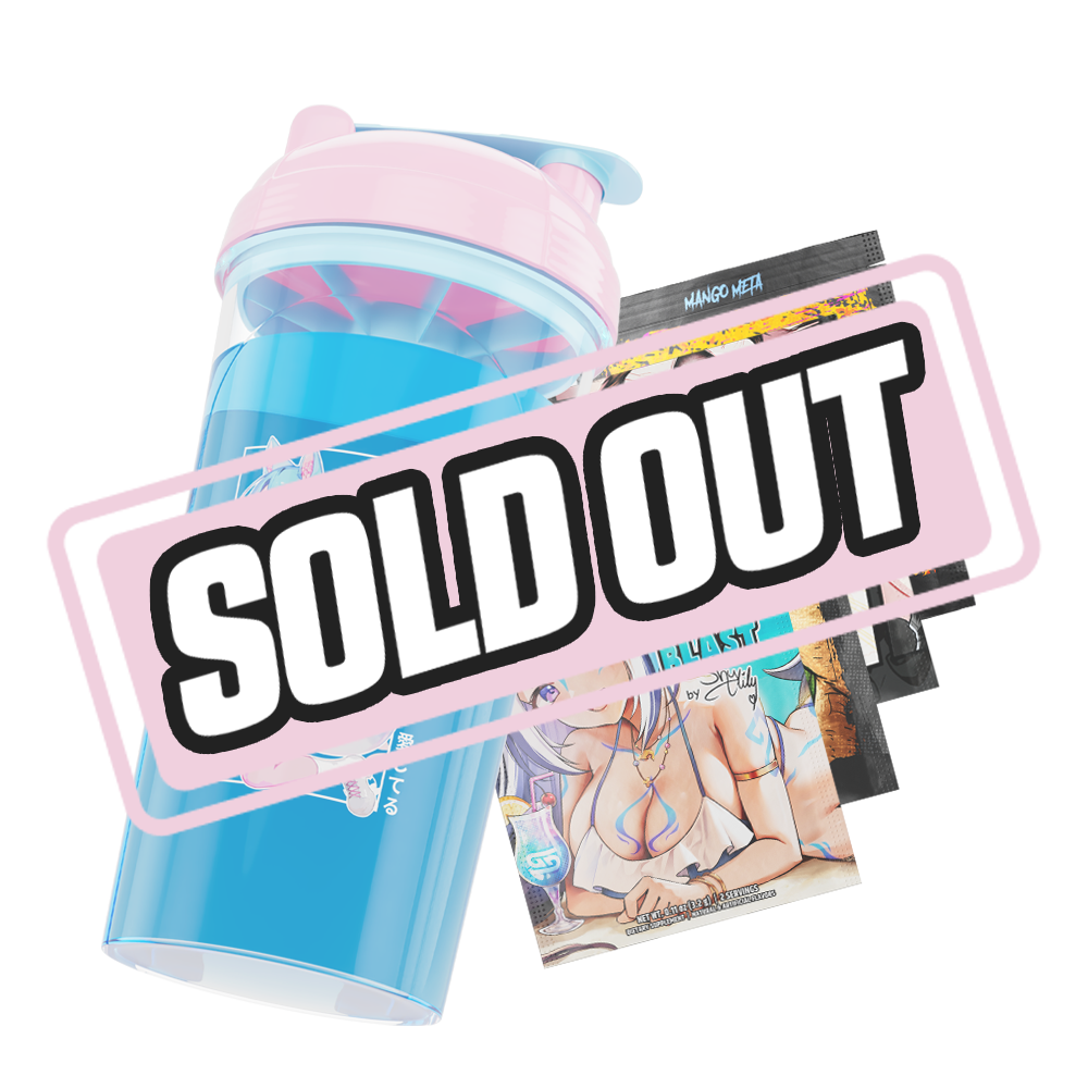 Clear shaker cup with pink and blue lid featuring an anime girl with blue and pink hair and fox ears and tail illustration.