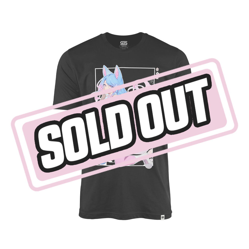 Black shirt with a colorful anime-style character with long blue and pink hair and fox ears on the back.