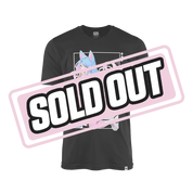 Black shirt with a colorful anime-style character with long blue and pink hair and fox ears on the back.