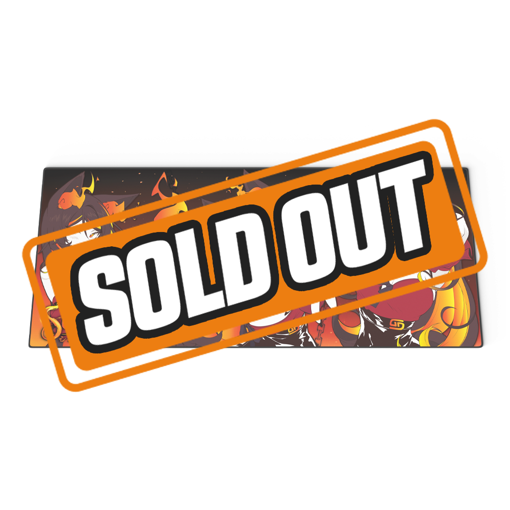 Wide mouse pad featuring anime-style characters with black hair, fiery orange flames, and red accents on a dark background.