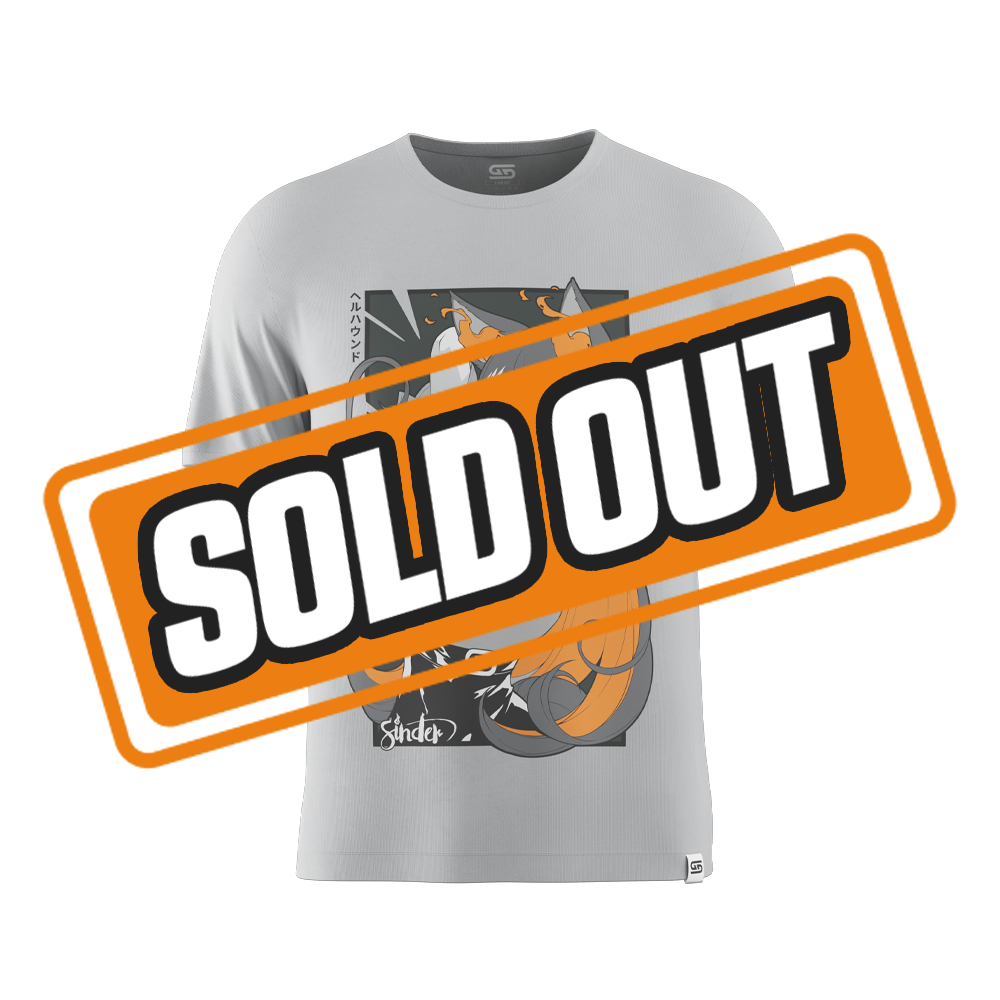 Light gray shirt with a large anime-style character in black and blue tones on the back with Japanese text.