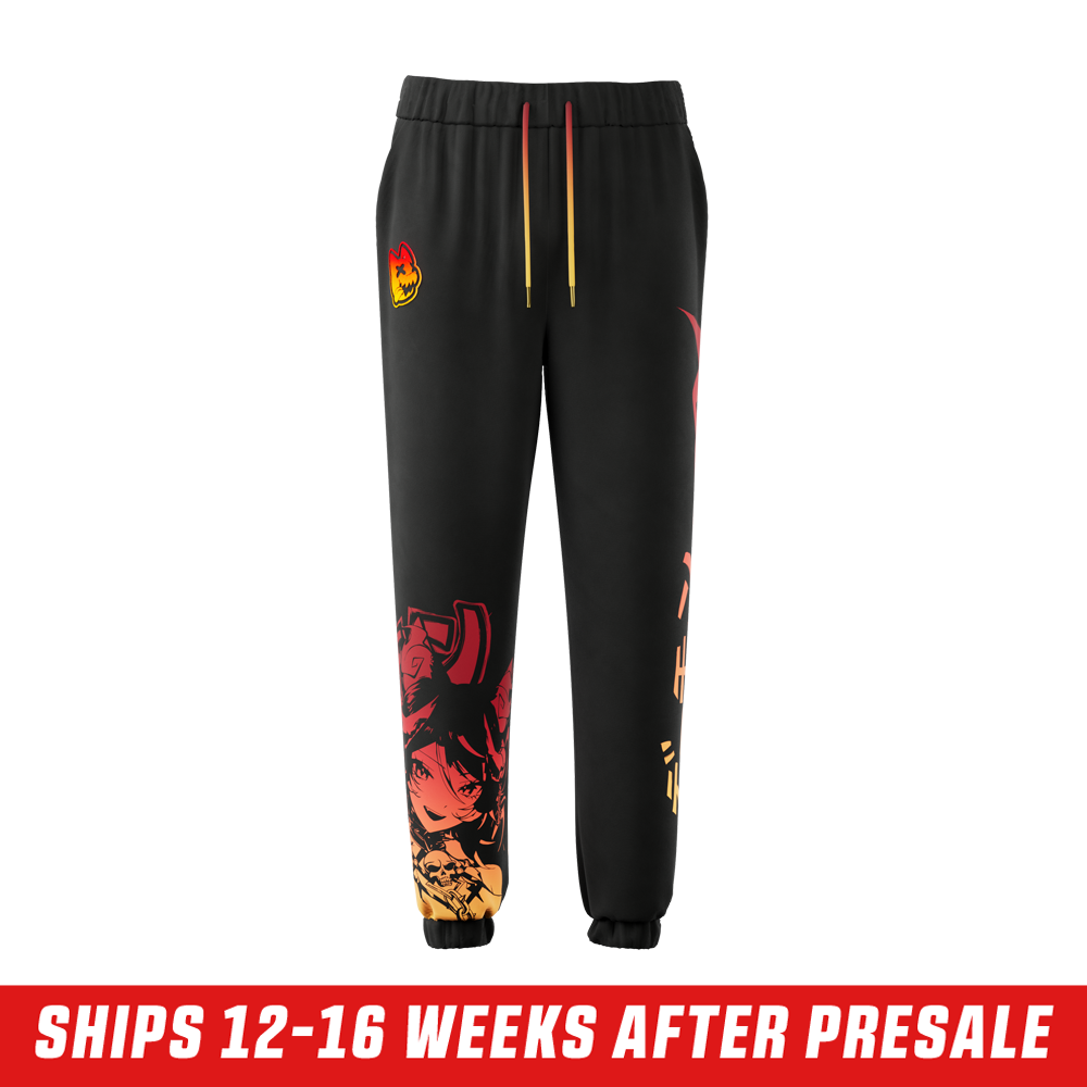 Black sweatpants with elastic cuffs and a red-to-yellow gradient Japanese-style graphic on the leg