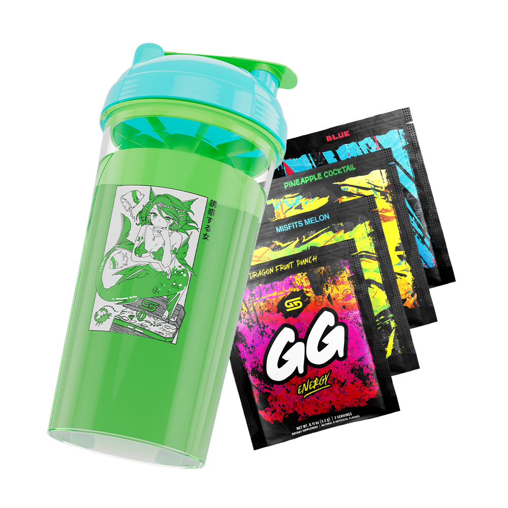 Green shaker cup with turquoise lid and mermaid graphic next to four colorful GG Energy powder packets.