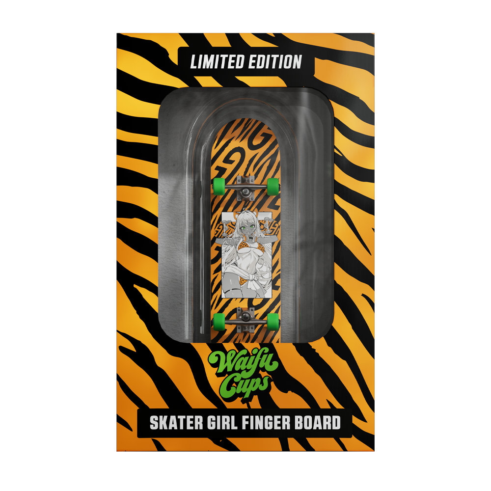 Miniature skateboard with black grip tape and bright green wheels on a natural wood deck edge.