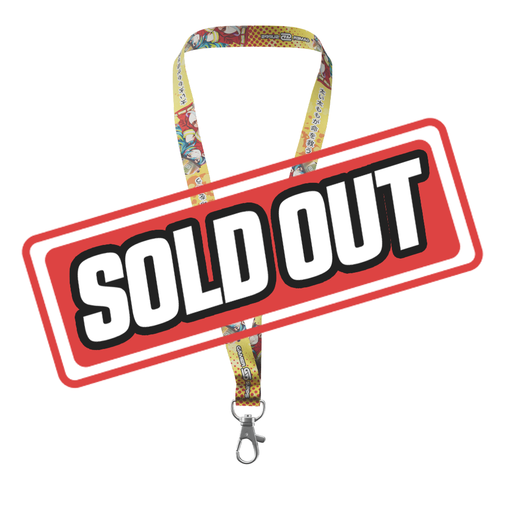 Yellow lanyard with colorful anime characters and Japanese text, featuring a silver metal clasp at the end.