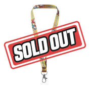 Yellow lanyard with colorful anime characters and Japanese text, featuring a silver metal clasp at the end.