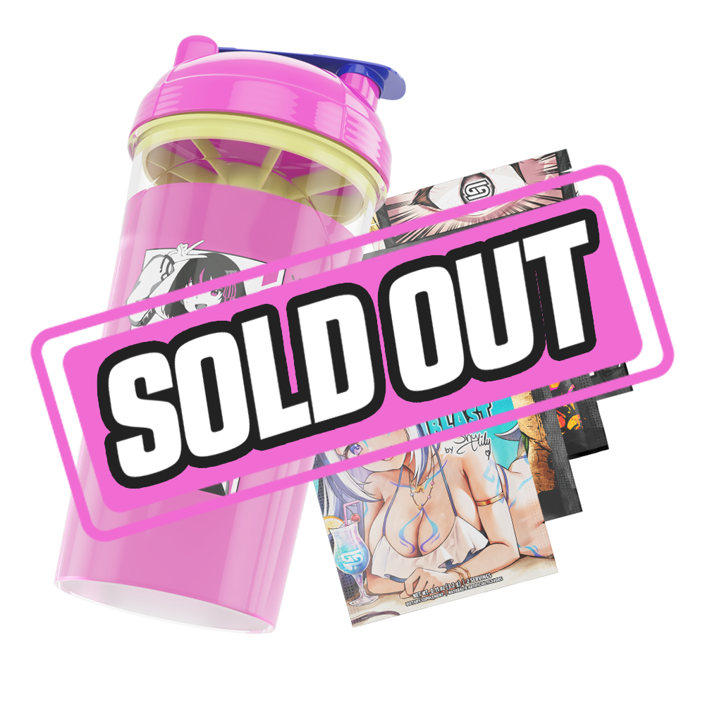 Clear shaker cup with pink lid, yellow mixing insert, and black-and-white anime girl graphic on the side.