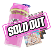 Clear shaker cup with pink lid, yellow mixing insert, and black-and-white anime girl graphic on the side.