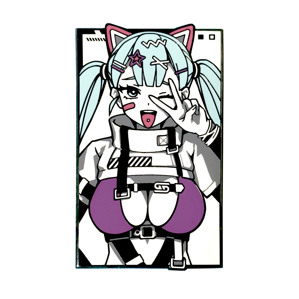 Enamel pin of a blue-haired anime girl with cat ears, purple top, and a peace sign over one eye.