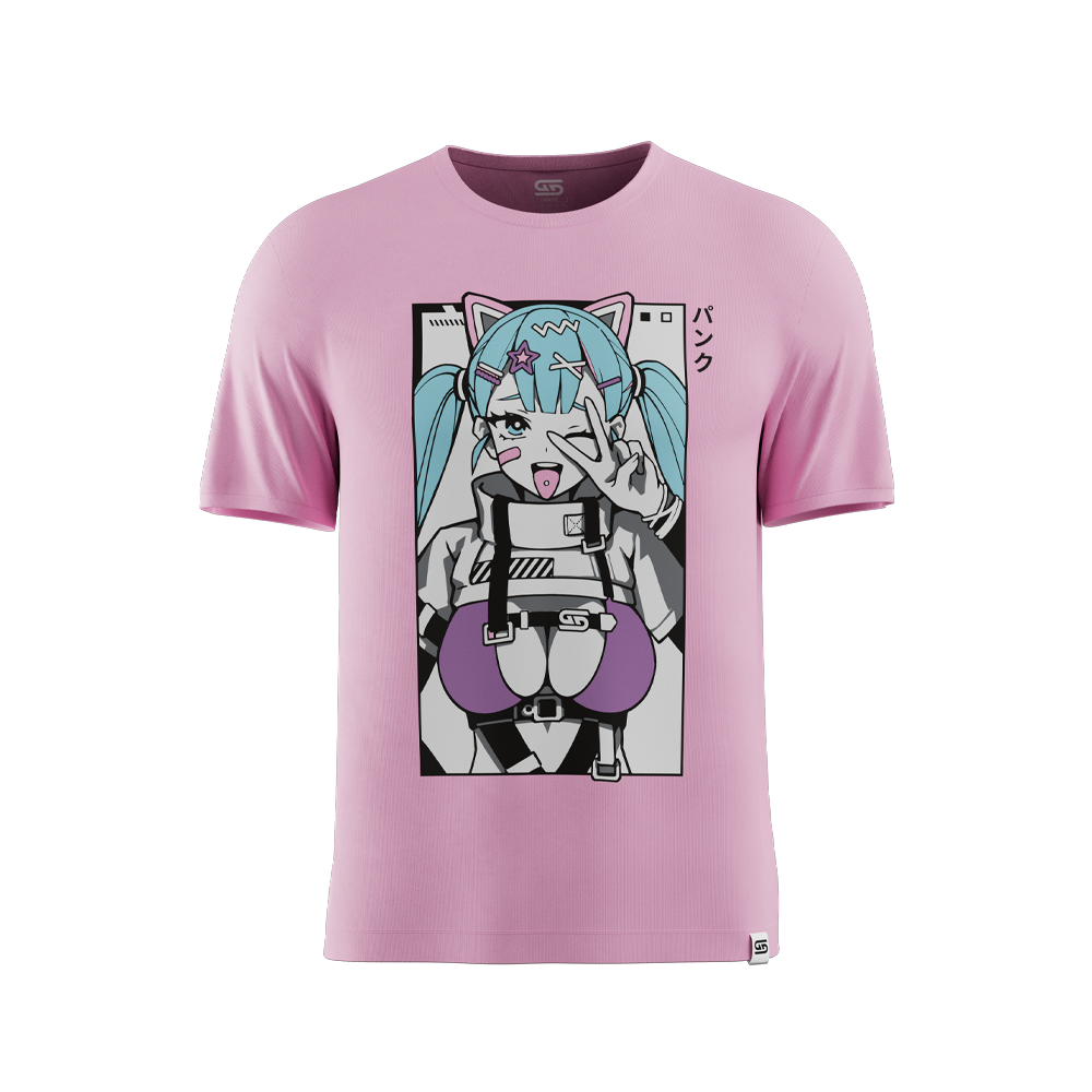 Pink shirt featuring a blue-haired anime girl with cat ears and purple top making a peace sign on the front.