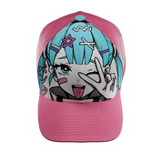 Pink mesh snapback hat with a solid curved brim and a light blue adjustable strap at the back.