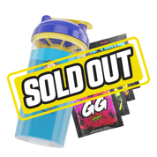 Clear shaker cup with blue and yellow lid featuring a portrait of a man in a beige blazer and white shirt.