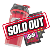 Clear shaker bottle with black and red lid and a black stylized "GD" logo on the side
