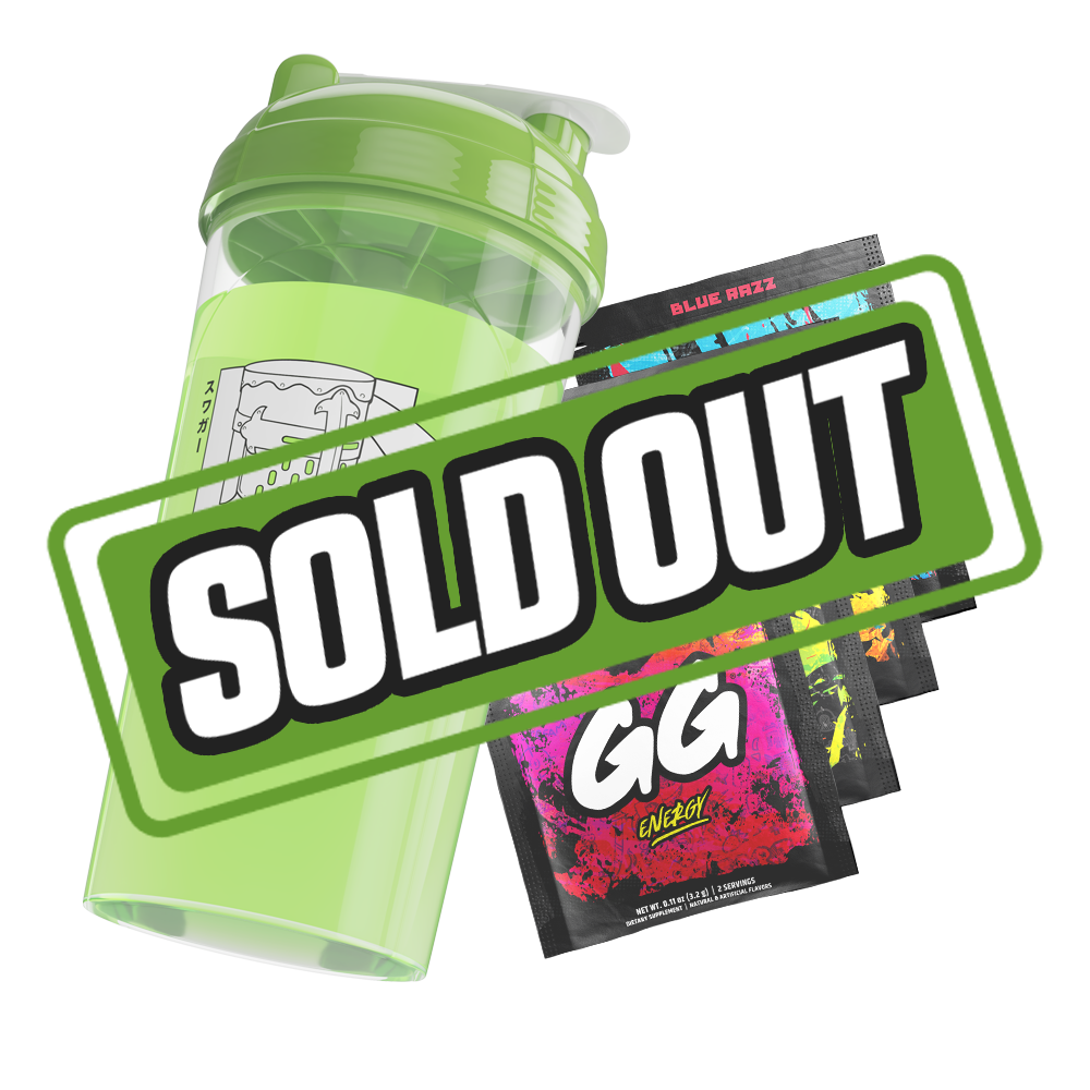 Green shaker cup with a drawing of a woman in a helmet and bikini top next to colorful energy drink packets.