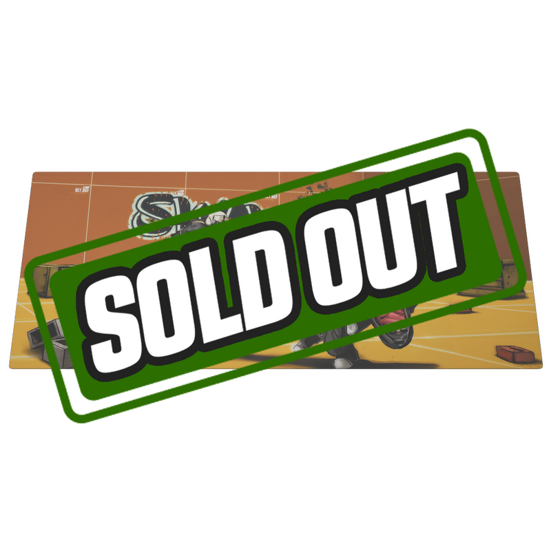 Orange and yellow gaming mouse pad with a tactical character and scattered bricks and crates design on a wooden desk.