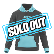 Black hoodie and sweatpants set with light blue hood, cuffs, pocket, and logo accents in size 6XL.