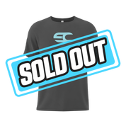 Black sweatsuit with light blue logo on chest and pants, and matching blue cuffs on the jogger pants.