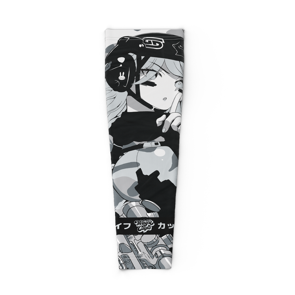 Black and gray camo gaming sleeve with anime-style character art and tactical design elements in 2XL size.