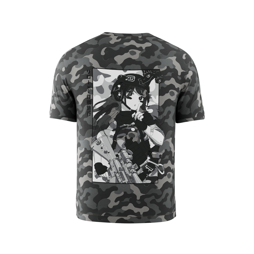 Black and gray camouflage short-sleeve shirt with a white stylized logo on the left chest in 6XL size.