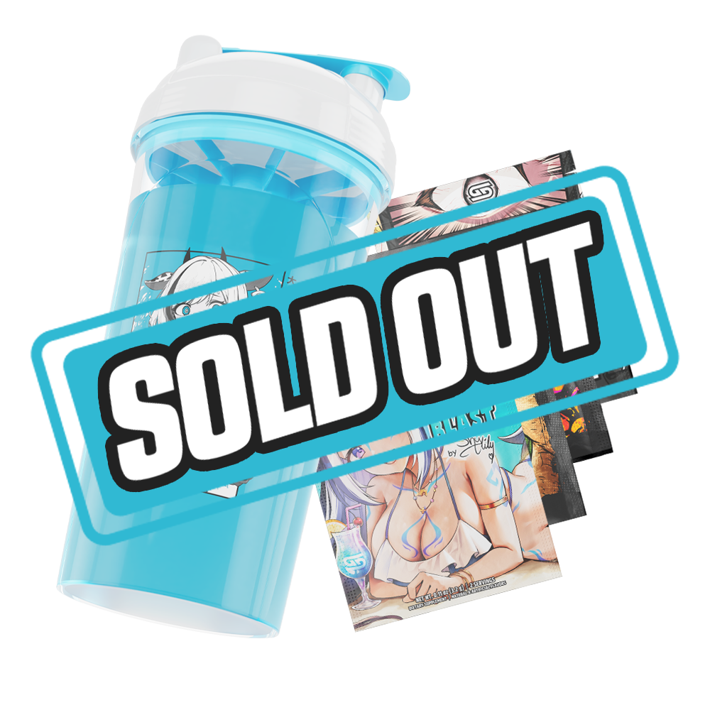 Clear shaker cup with a black stylized "GD" logo and a white lid accented with bright blue details and a flip cap.