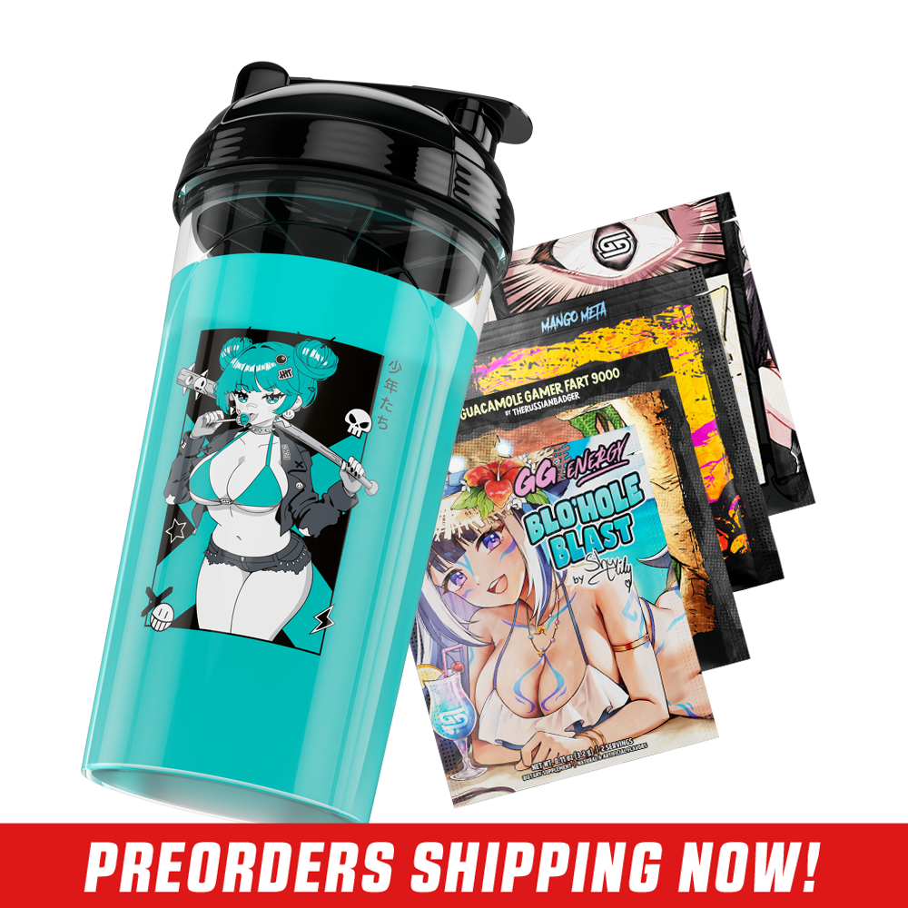 Clear shaker cup with black lid featuring a monochrome anime girl holding a spiked bat and wearing shorts.