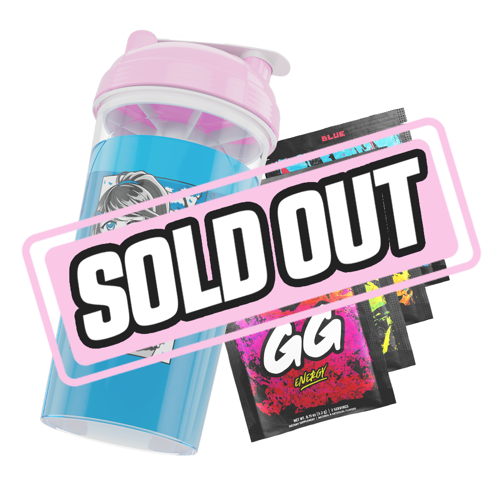 Clear shaker cup with a pink lid and a bold black stylized "G" logo on the side.