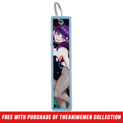 Keychain tag with anime-style purple-haired character, blue eye, and pink heart playing card design on light blue border.