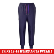 Dark purple joggers with a side cargo pocket outlined in light purple and a white curved stripe on the leg.