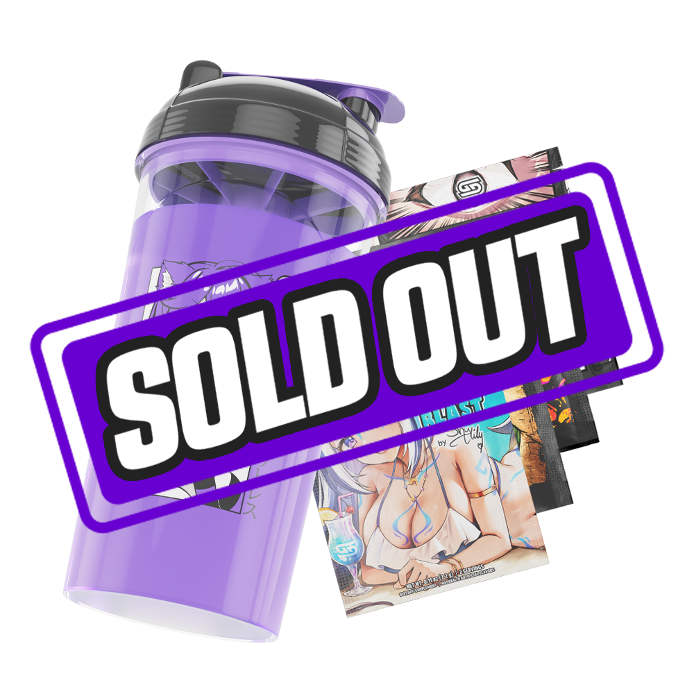 Clear shaker cup with black and purple lid featuring a black-and-white anime girl with long hair and a tail design.