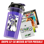 Clear shaker cup with black and purple lid featuring black and white anime girl with cat ears and skull hairpin.