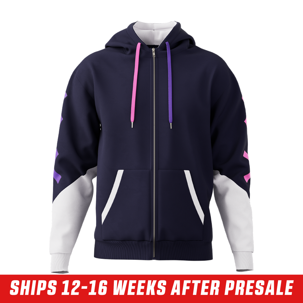 Navy zip-up hoodie with pink X designs on the sleeve and white lower sleeve panels in size 6XL.