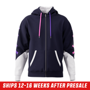 Navy zip-up hoodie with pink X designs on the sleeve and white lower sleeve panels in size 6XL.