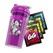 Purple shaker cup with anime woman pointing and four colorful GG Energy powder packets in assorted flavors.