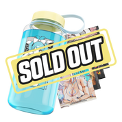 Clear plastic jug with yellow lid, blue handle loop, and bold black "Waifu Cups" script on front.